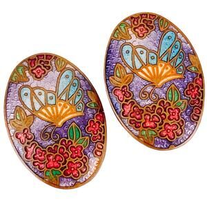 Vintage Cloisonne Earrings Butterfly Floral Enamel Oval Clip On Colorful Copper